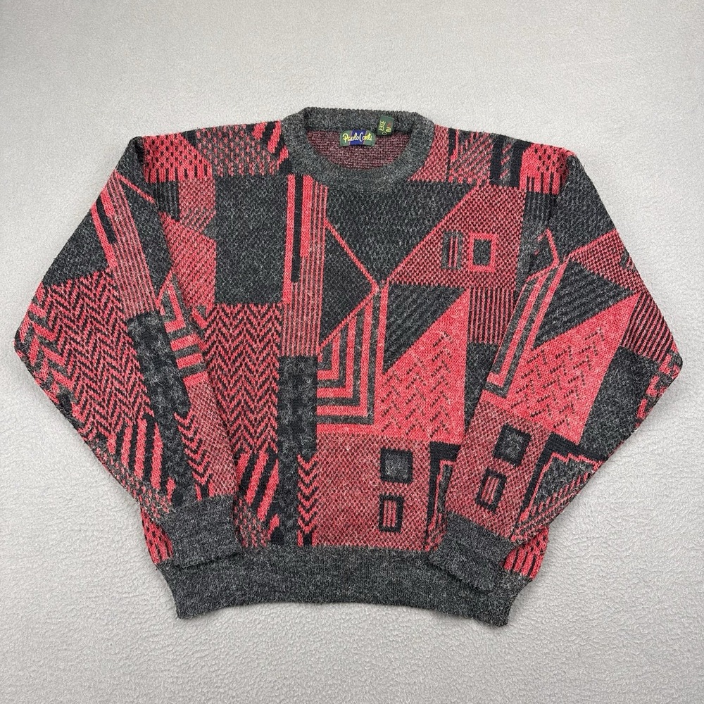 Vintage Paolo Conti Knit Sweater Mens Large Abstract Geometric Red Charcoal Grey